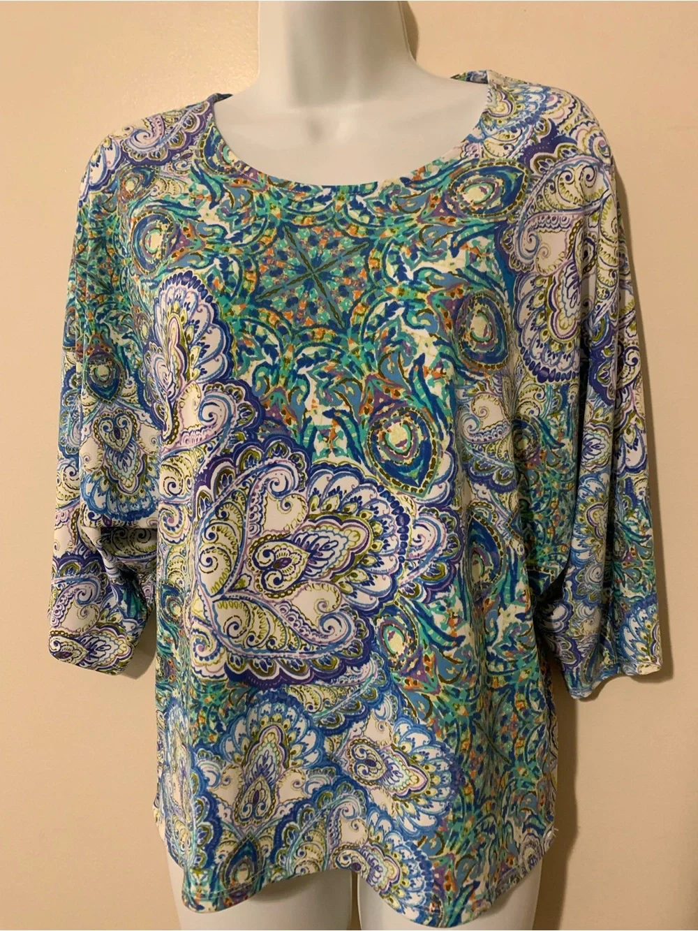 Chico's Teal Blue Multicolor Paisley Scoop Neck Top